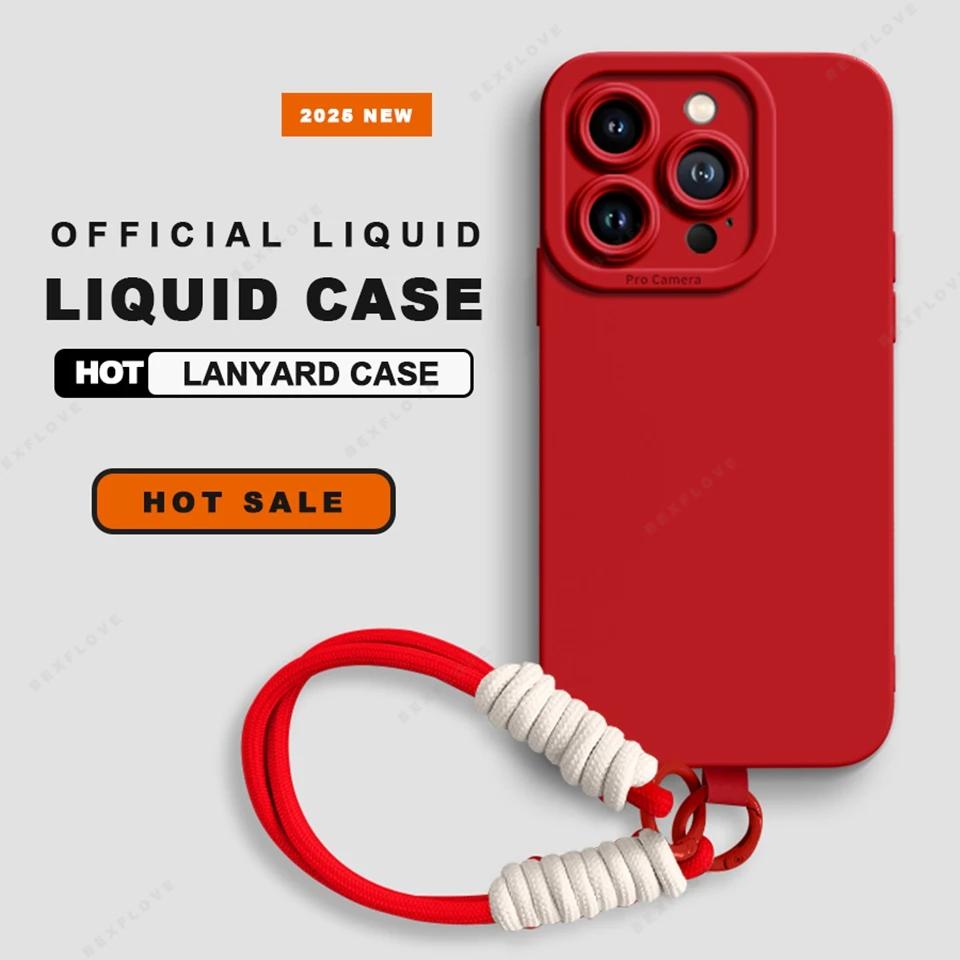 Lanyard Phone Case For iPhone 16E 16 14 15 Plus 12 13 Mini 11 16 Pro X XR XS Max SE Liquid Silicone Strap Protector Soft Cover