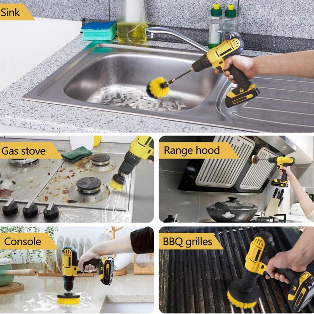 4Pcs Detailing Drill Brush Kit Car Wash Brush Hard Bristle Drill Auto Scrubber Detailing Cleaning
