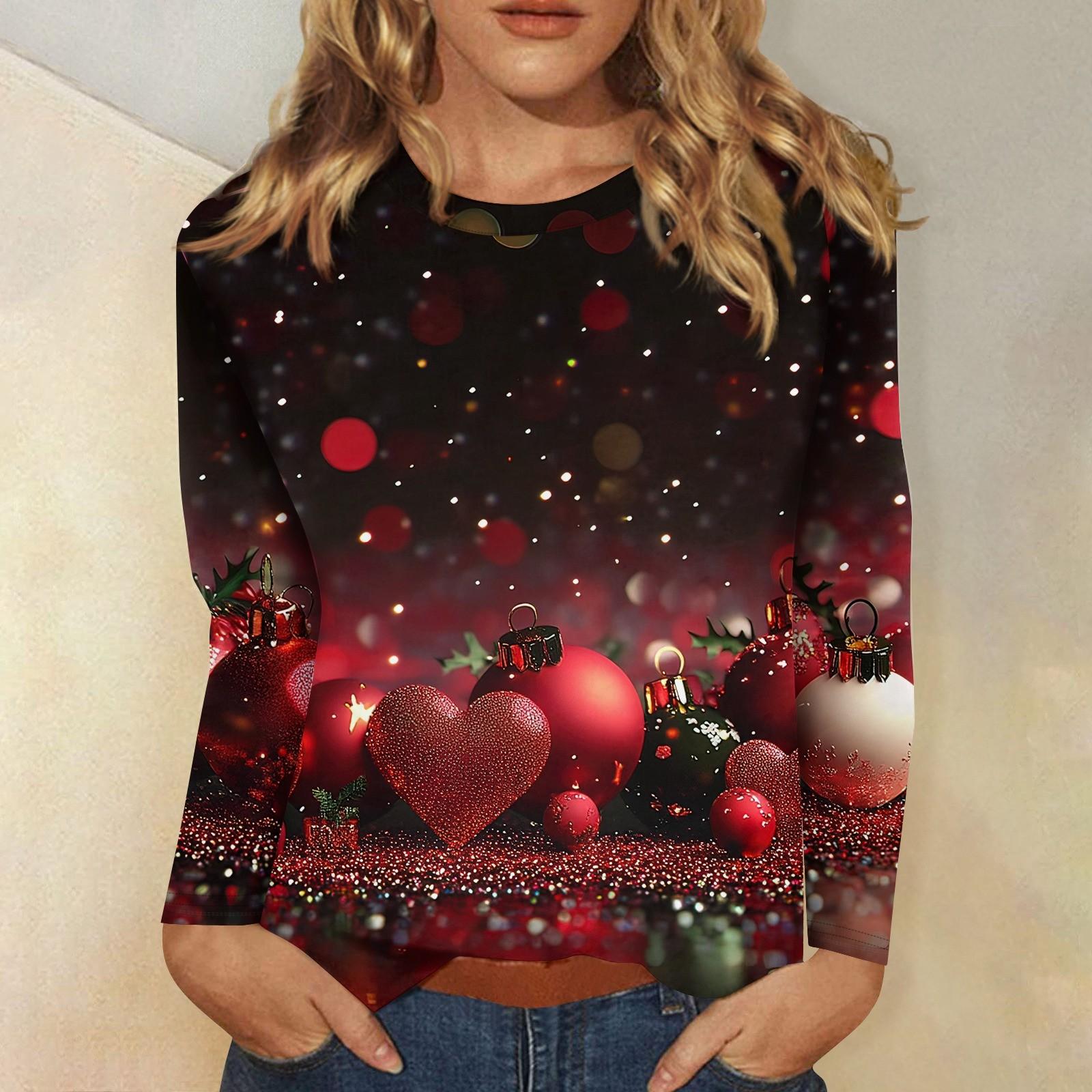 

Женская мода повседневный рождественский принт круглый вырез длинный рукав пуловер топ XXL