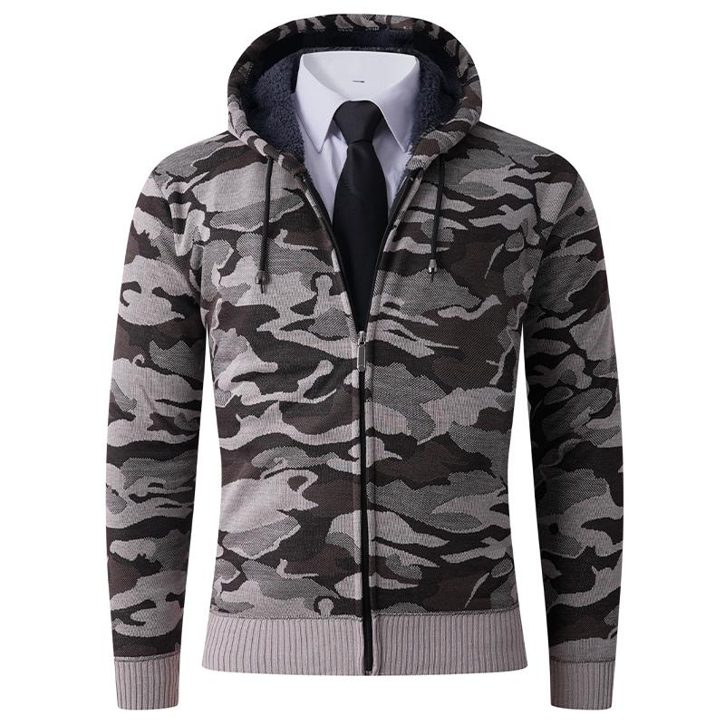 Pánský sametový pletený svetr maskáčový potisk bunda s kapucí zapínání na zip top