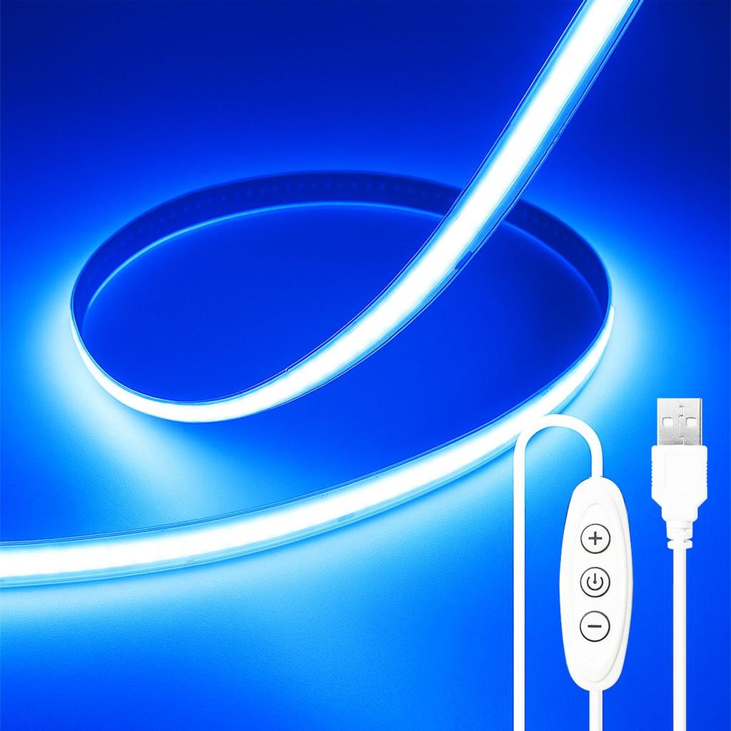 ShineBurky LED Strip Light, COB High Density, USB Powered, 2m, 10-Level Dimming, 320 LEDsm, Cuttable, Blue