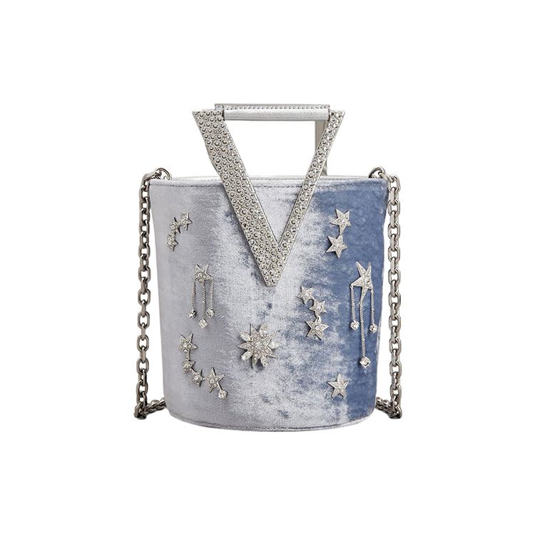 Roger Vivier RV Strass Constellation Letter Handle Rhinestone Decor Velvet Bucket Bag Mini Women bags Light-Blue RBWANNKN100QEG4640