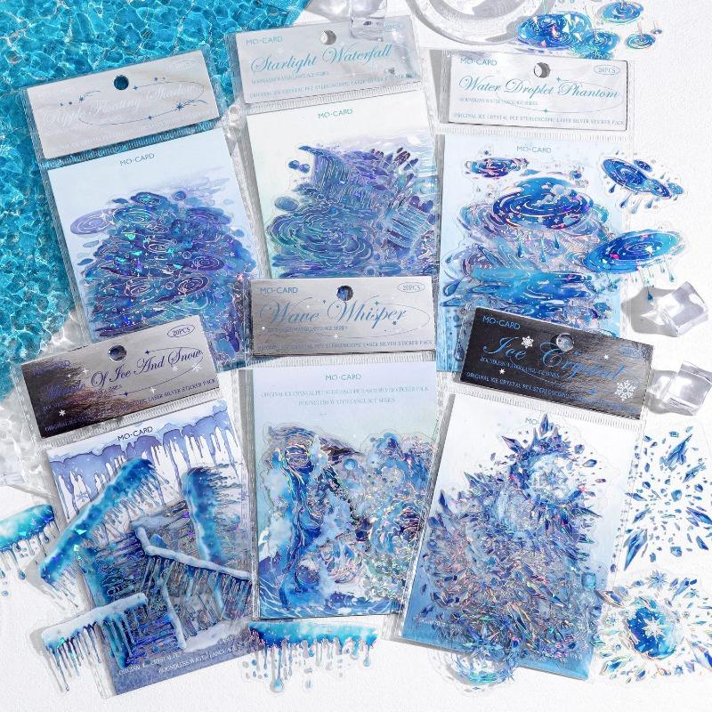 20 Pièces/sac Autocollant PET Laser Goutte de Pluie Ondulation Scrapbook Journal Paysage Décoration DIY Étui de Téléphone Art Journal Décalcomanie Étanche