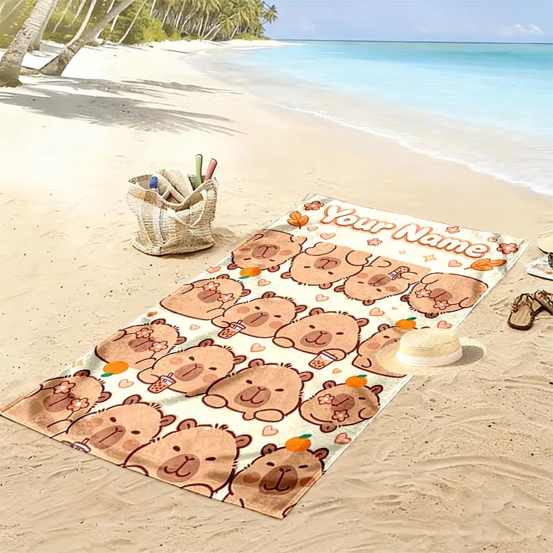 Name Custom Capybara Cartoon Print Beach Towel, Large Soft Quick Dry Towel for Beach Camping Swimming
