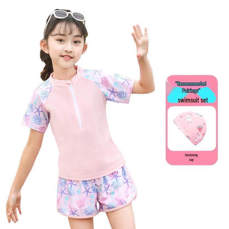 2025 New Japanese Floral Girls' Swimsuit Set with Swim Cap for Training