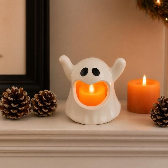 Halloween Ghost Candle Holder with LED Candle, Cute Tea Light Tabletop Decoration Holder, Spooky for Indoor Home Decor, Holiday Party Supplies Shaped