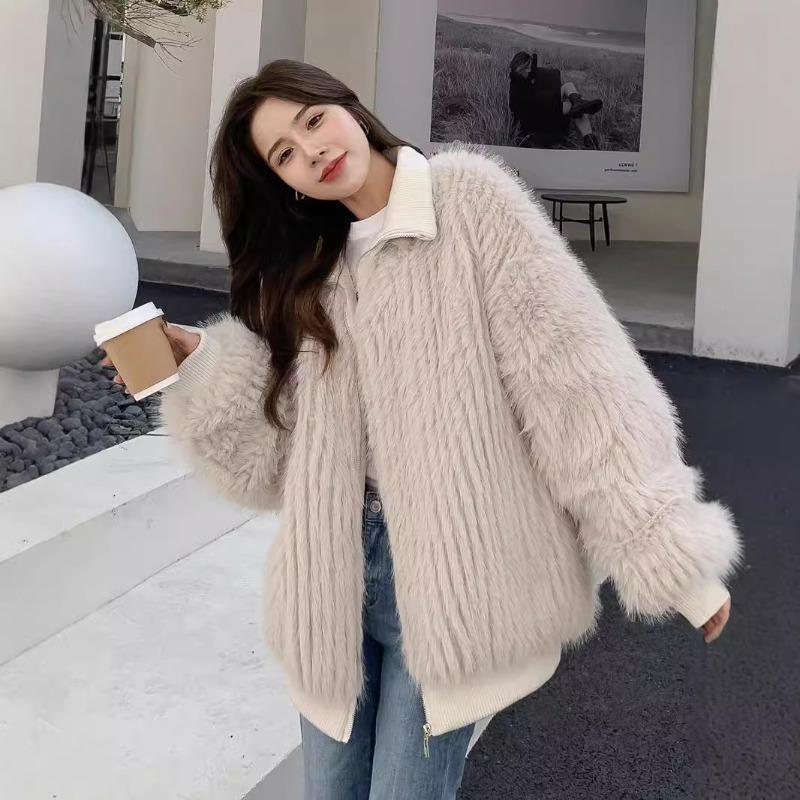 New Product Stand-up Collar Vertical Strip Fox Hair Ditching Imitation Fur Jacket Cutting Ditch Plush Women's Winter Clothing Zipper Fur Top Tide