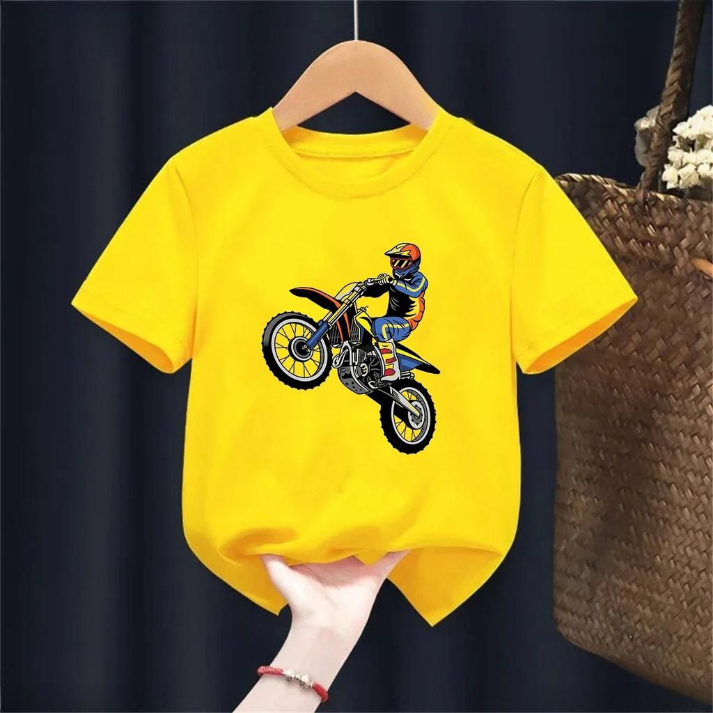 Cool Super Motorcycle Racer Pattern Printed Summer Childrens Casual and Comfortable Cotton Short Sleeved Tshirt Top