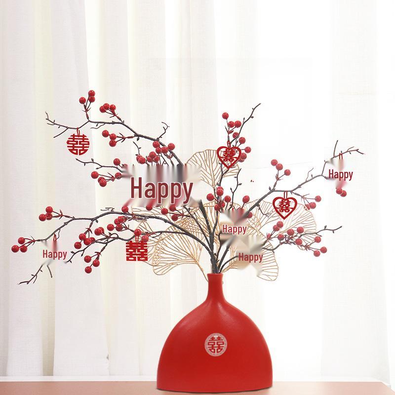 Red Berry Bonsai Scene Ornament for Wedding and Living Room Decor