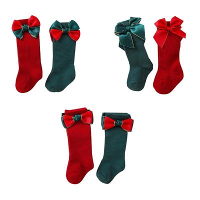 2 Pair Classical Knee Long Socks Christmas Themed Socks with Bowknot Decoration for Baby Girls 2024 New Year Gift