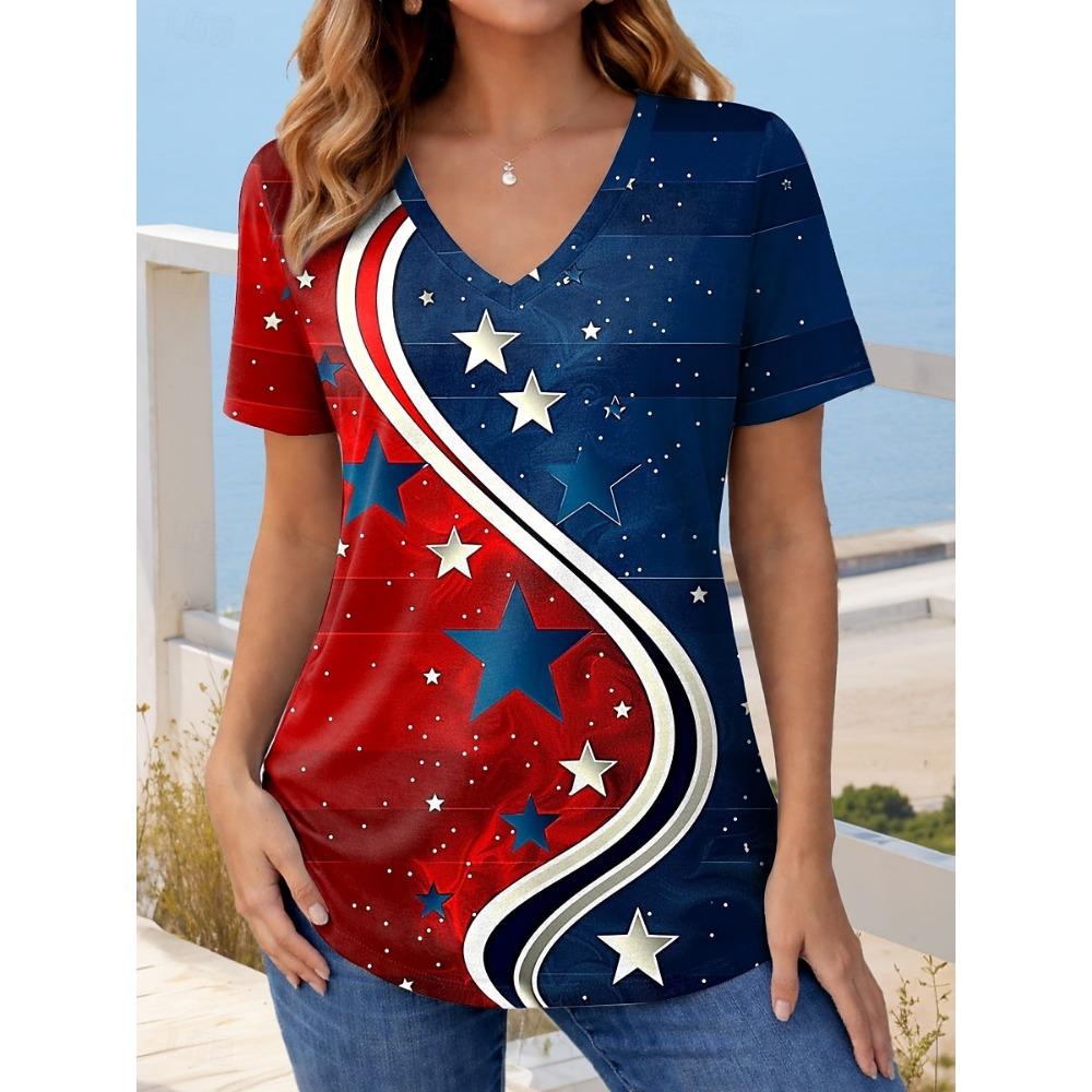 

American Independence Day Women s T Shirt Color Block Print Graphic Flag Stylish Classic Casual Short Sleeve V Neck Regular Tops Daily Red XL
