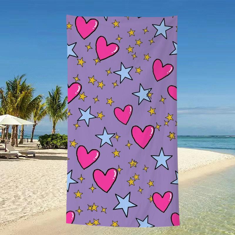 Purple Background Heart Star Beach Towel Y2K Aesthetic Print Quick Dry Towel for Teens