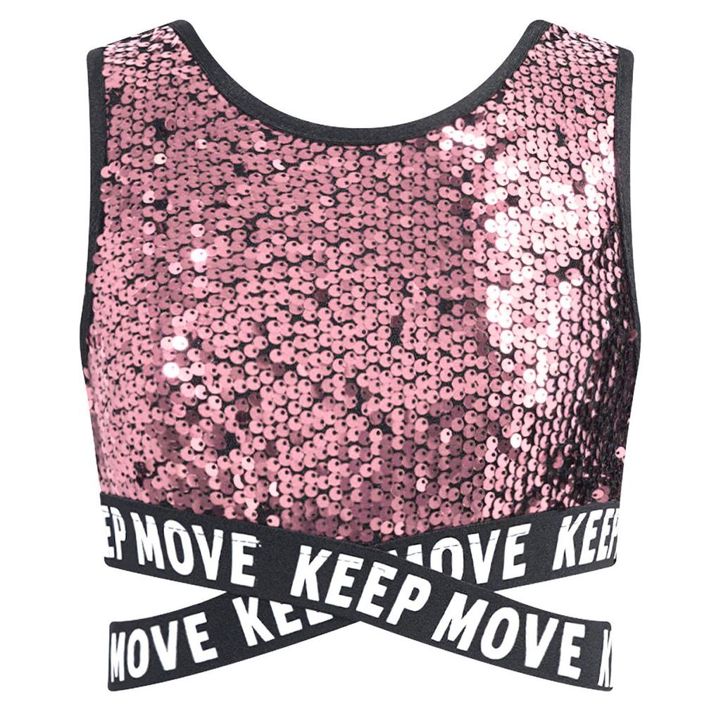 Mädchen Glitzernde Pailletten Crop Top Ärmellos Rundhalsausschnitt Überkreuzte Taille Hip Hop Dance Performance Wear