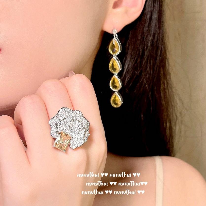 Canary Tourmaline Teardrop Jewel Y Necklace, Cinderella Plated 18K Gold, Twilight Yellow Water Drop Zircon Earrings