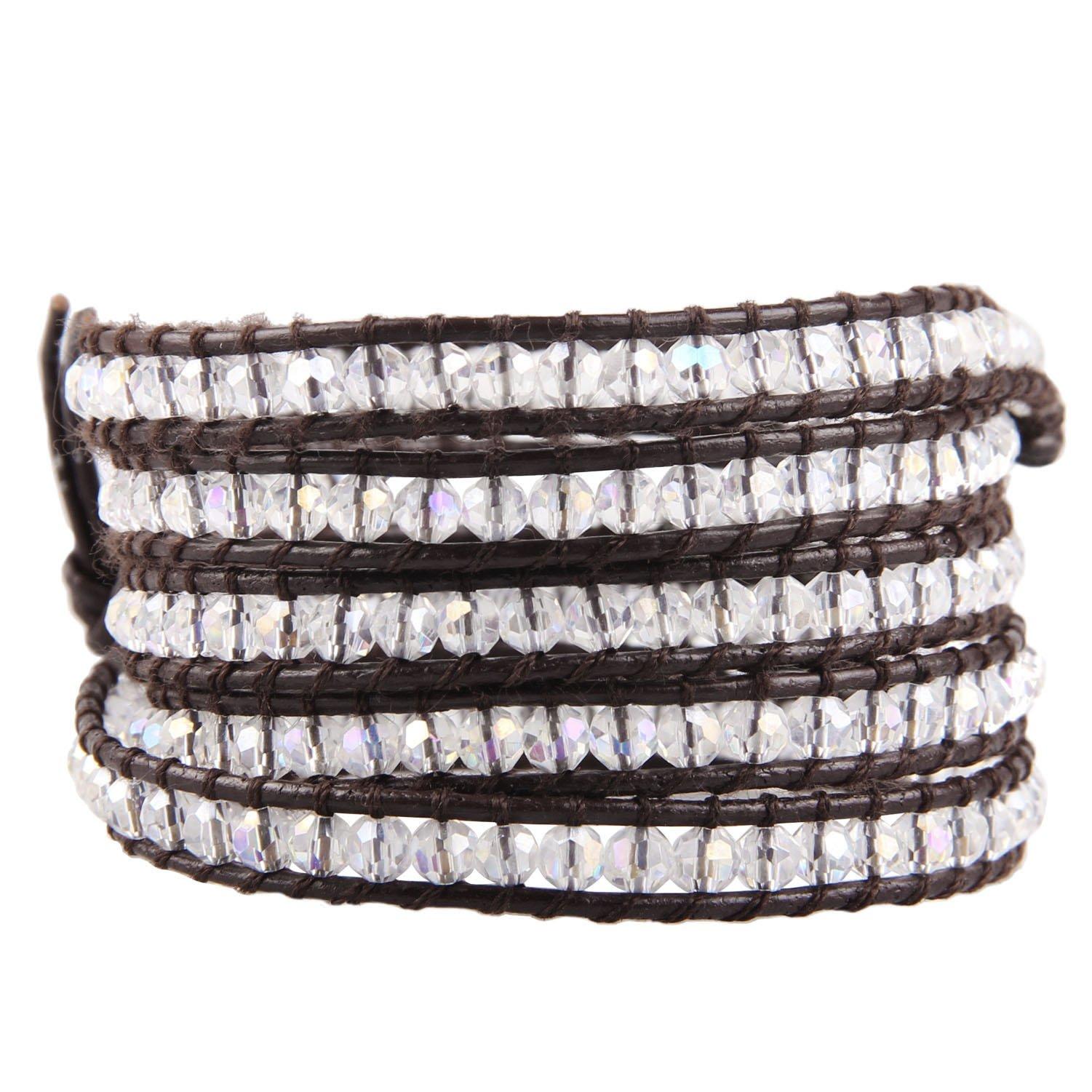 KELITCH Fashion Color Crystal Mix Bead 5-Wrap Bracelet Natural Leather Handmade New Women s Jewelry (White)