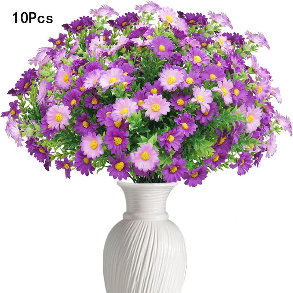 10pcs Artificial Daisies Flowers Outdoor Fake Plastic Plants UV Resistant Faux Greenery Shrubs Greenery for Hanging Planters