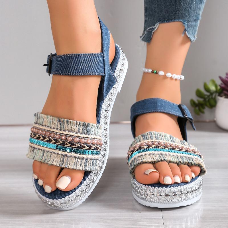 Women’s Tassel Denim Platform Roman Sandals, Thick Sole, Vintage Summer Beach Wear