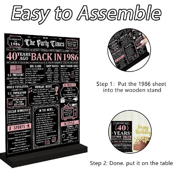 Trgowaul 40th Birthday Decorations Women Men, Black Pink Back in 1986 Birthday Poster Acrylic Table Sign with Stand, 40th Anniversary Decor Gifts for