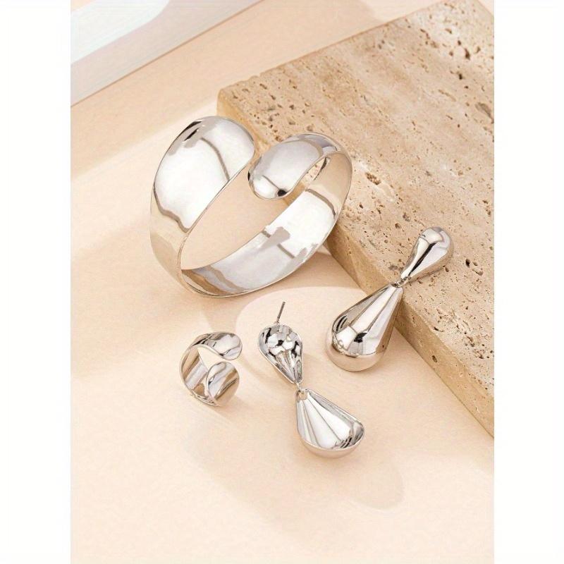 Geometric Open Cuff Bracelet, 1pc Open Ring, and 1 Pair of Droplet Shaped Pendant Earrings Retro Exaggerated Jewelry Set for Women