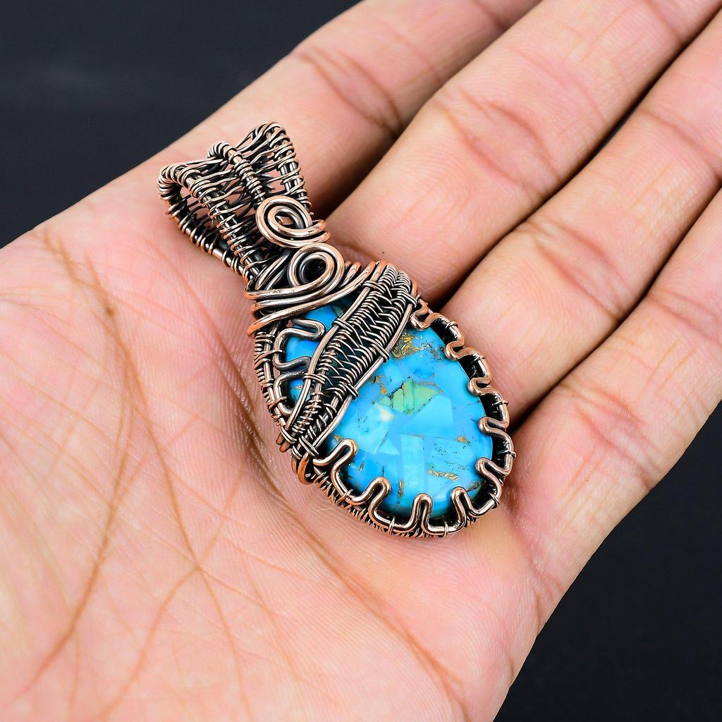 Copper Turquoise Gemstone Pure Copper Wire Wrapped Handmade Pendant Jewelry