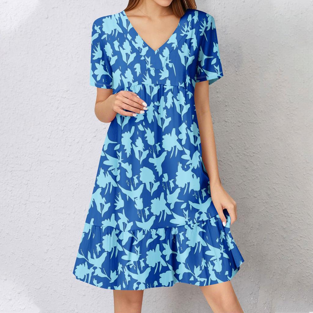 Womens Summer Dress Short Sleeve V Neck Short Dresses Fashion Casual Flowy Boho Ruffle A Line Swing Sundress