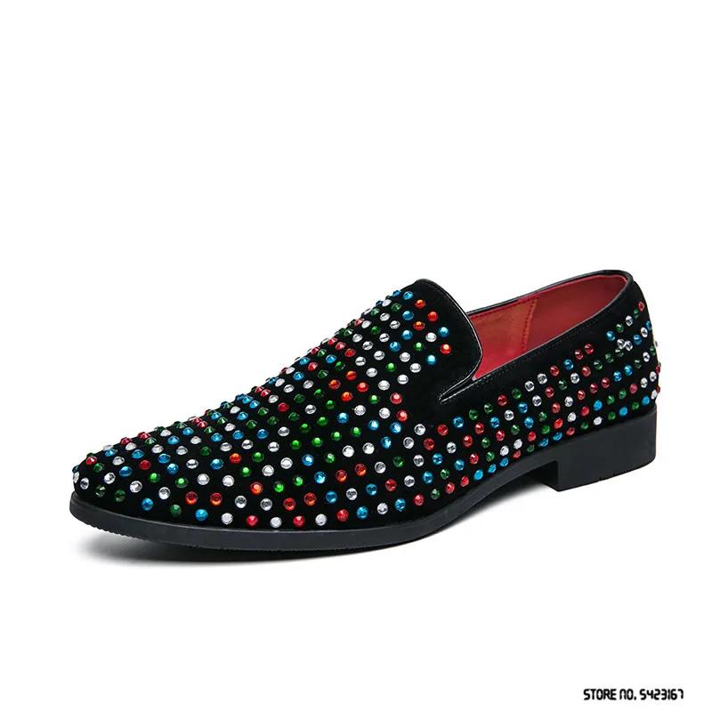 Luxury Designer Charm Rhinestones Pointed Flats Oxford Shoes Man Men Casual Loafers Formal Dress Footwear Shoes for Men