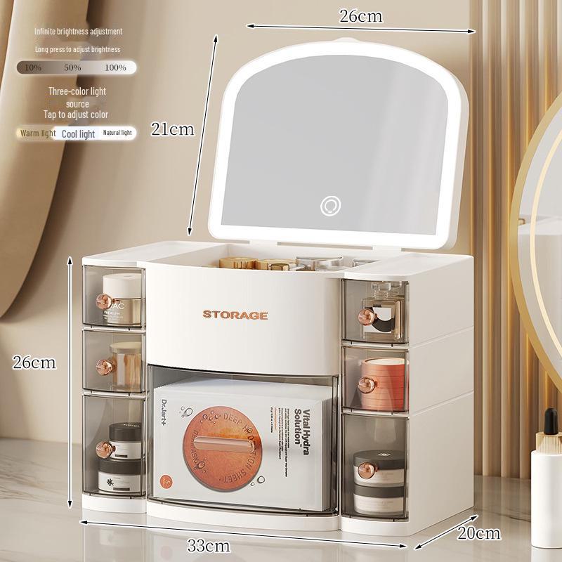 

Подсвеченный 3-цветный ящик для хранения косметики с зеркалом, пылезащитный настольный ящик для средств по уходу за кожей