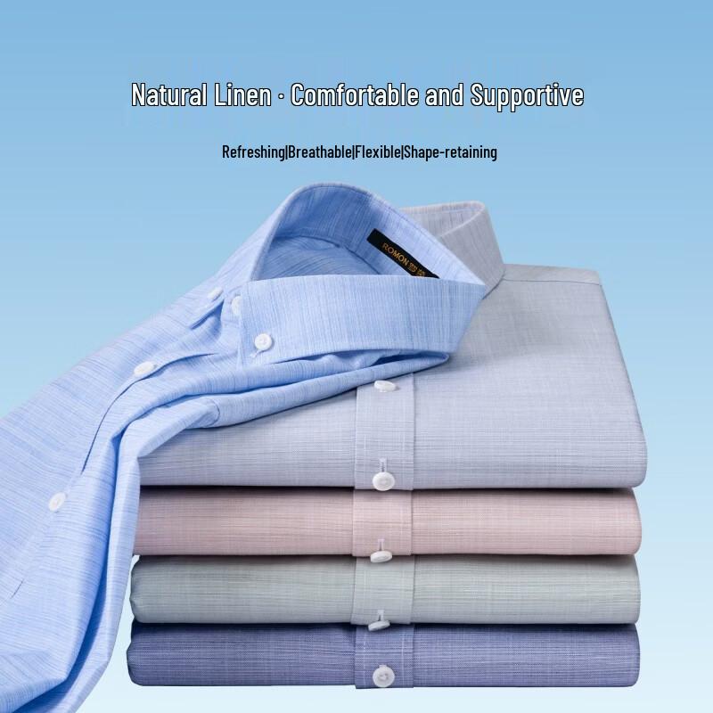 ROMON Men's Loose-Fit Long-Sleeve Linen-Blend Casual Shirt