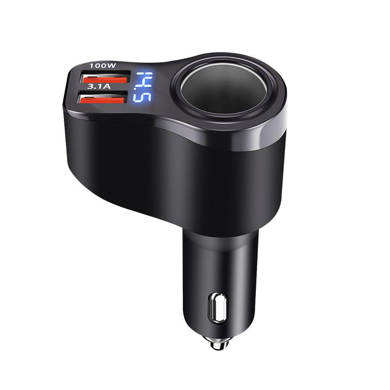 100W Dual USB Car Charger with Digital Display and One-to-Two Extension