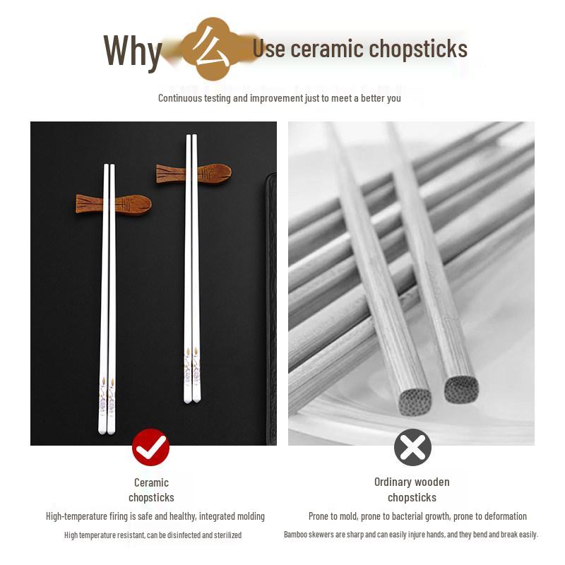 Anti-Slip Ceramic Chopsticks, Mold-Resistant, Easy to Clean, High Temp Resistant, Chinese Style, 10 Pairs
