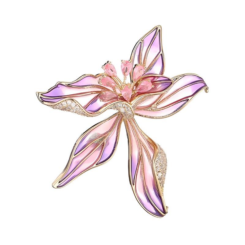 Brosche Orchidee im chinesischen Stil, Hochwertige Damenbrosche aus exquisitem und individuellem Emaille, Brosche mit Nischendesign