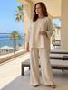 European & American Style Women's Cotton Linen Blend Shirt and Wide Leg Pants Set