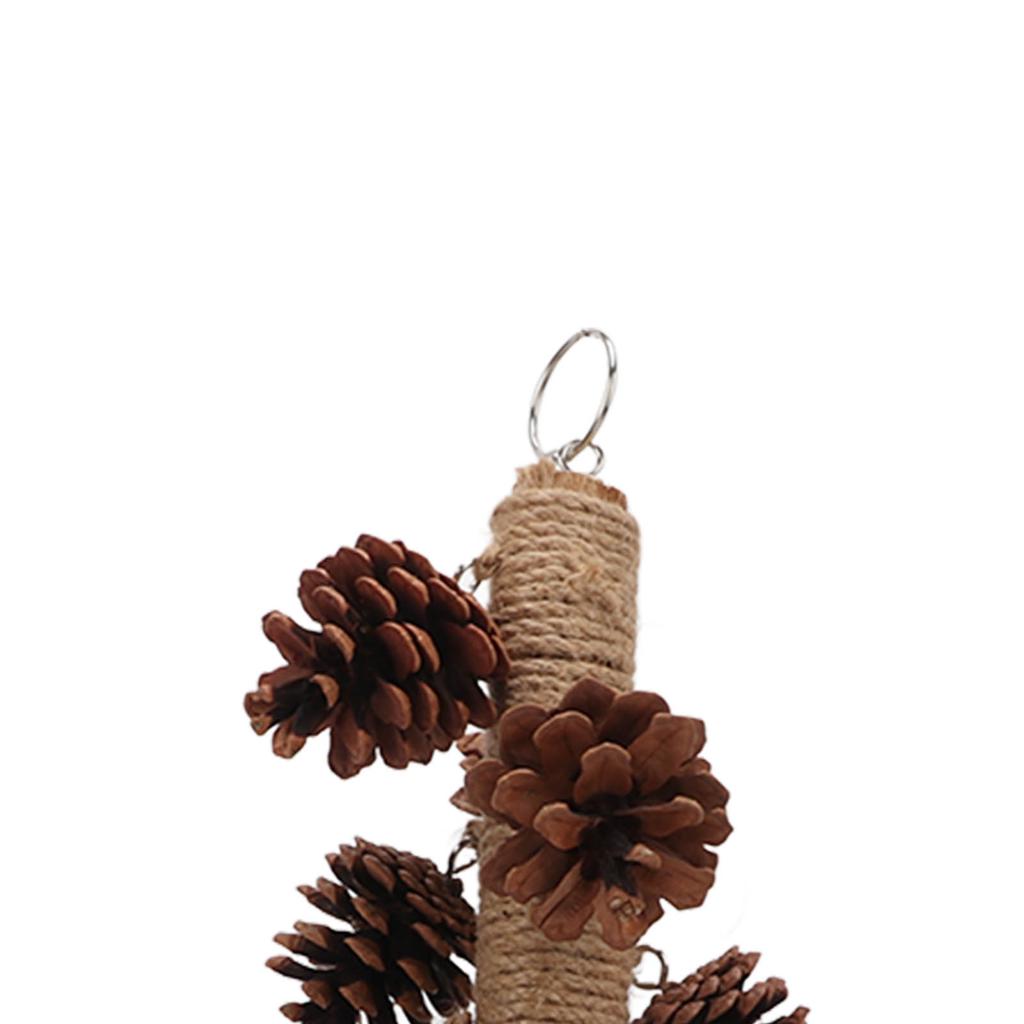 Birds Bite Toy Wooden Pine Cone Hanging Parrots Beak Grinding Toy with Metal Hook for Cage
