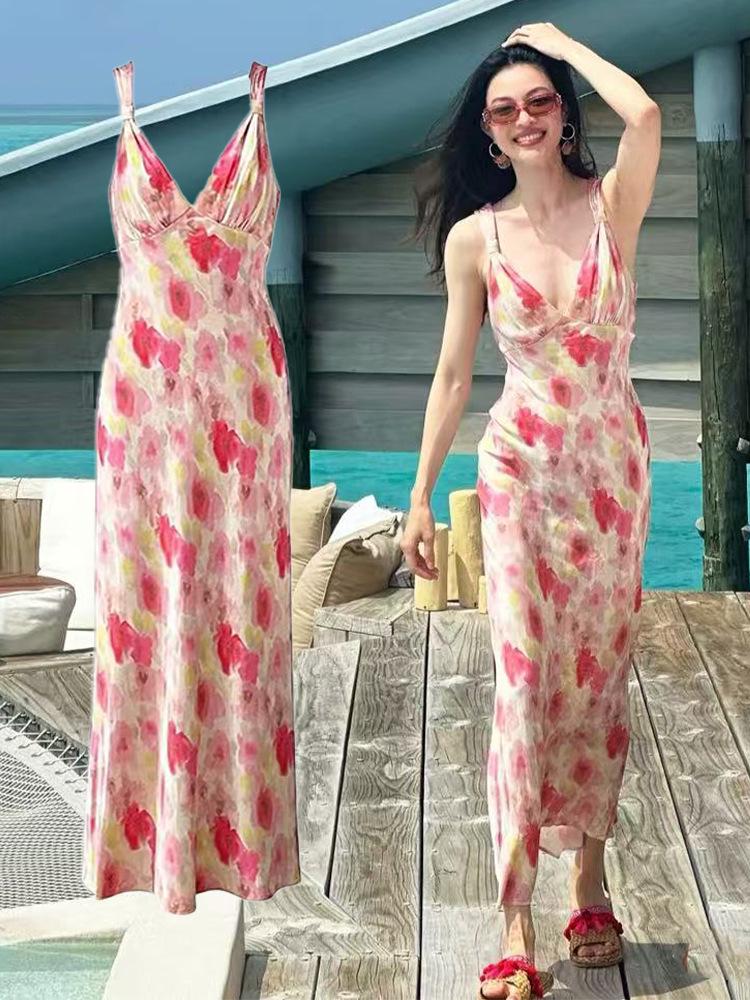 Zhong Chuxi Pink V-Neck Slip Dress - Summer French Slim Fit M розовый