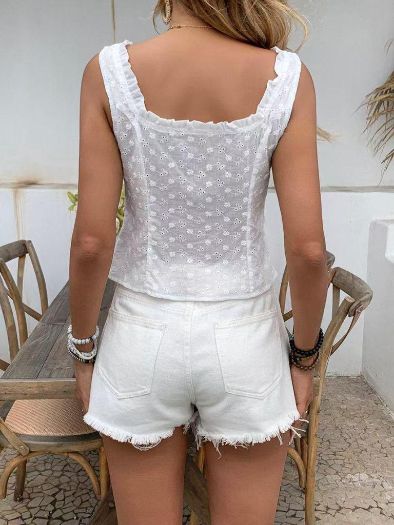 2025 European & American Women's Fashion Square Neck Embroidered Ruffle Sleeveless Top