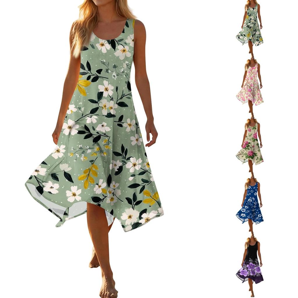 Women's Casual Sleeveless Floral Print Dress Round Neck Irregular Hem Mid-Length Summer Dress Lightweight Comfortable Fabric