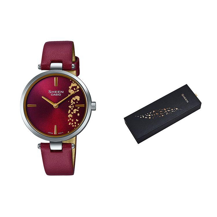 Casio Sheen Gold Foil Ultra-Thin Minimalist Quartz Watch Leather Strap Women watches Red SHE-C100L-4AUPFJD