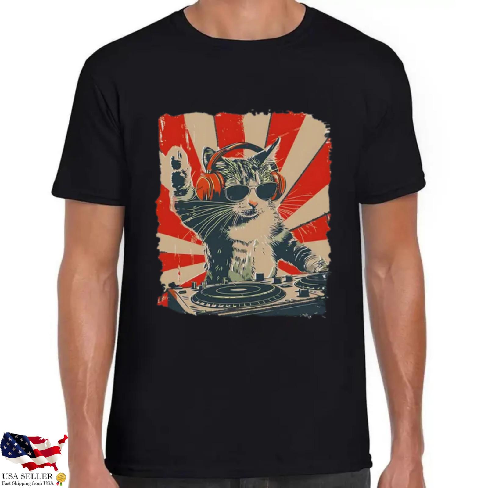 DJ Cat Graphic T Shirt Funny Music Lover Retro DJ Cat Tee S