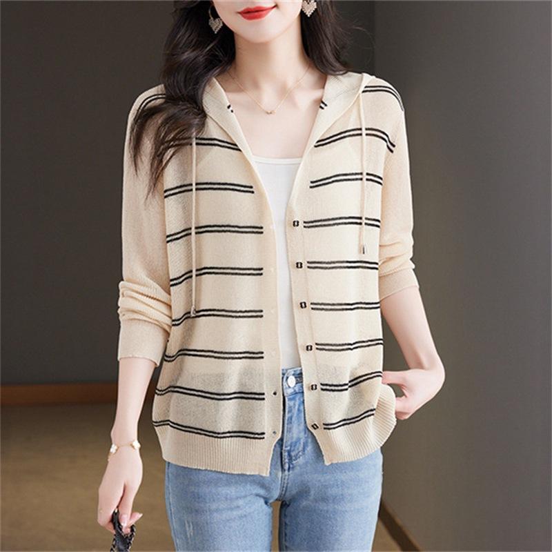 Striped Hooded Sun Protection Cardigan for Women Loose and Slimming Knitted Shirt Sweater