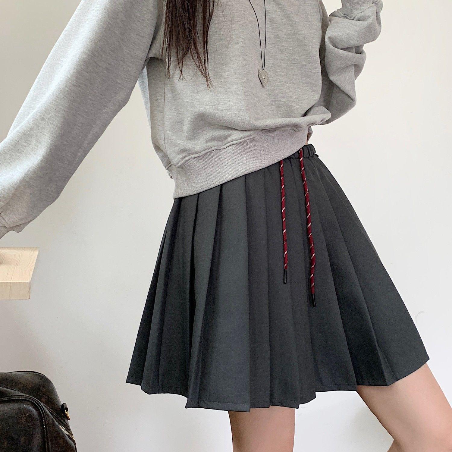 

Women s High Waist Drawstring Pleated Mini Skirt - Autumn/Winter College Style, A-line, Thickened for Sweet and Spicy Look S серый