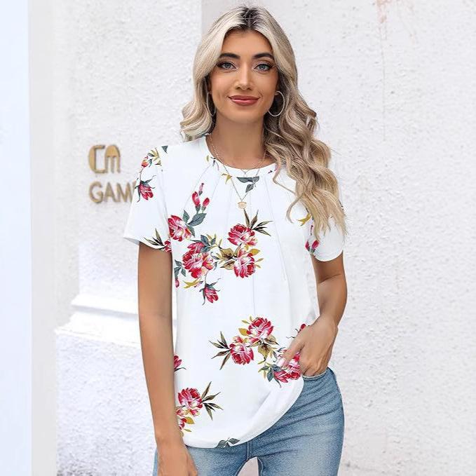 Sommer O-hals Hvit Kortermet Dame Rund Hals Blomsterprint Casual Mote Løs T-skjorte Topper