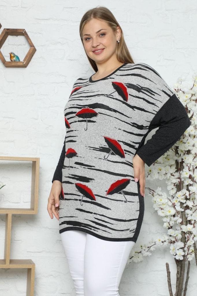 Women's Style Plus Size Tunic Pink Umbrella Patterned Stone Embroidered Long Sleeve Tunic