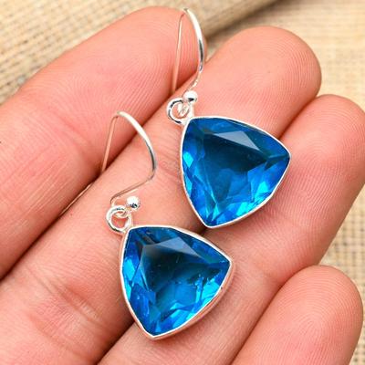 Brincos Deslumbrantes de Topázio Azul Gema Feitos à Mão em Prata de Lei 925 Sólida para Presente de Casamento