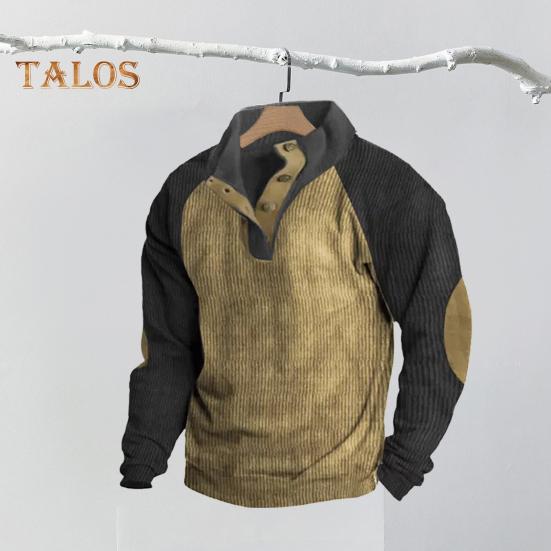 Spring Autumn Men Sweatshirt Colorblock Patchwork Retro Style Half-open Stand-up Collar Top Plus Size Loose Long Sleeves Top Daily Life Office