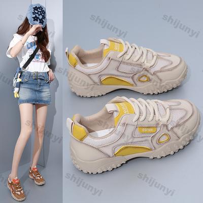 Fashion Women Shoes 2025 Spring New Breathable Mesh Non Slip Women Platform Sneakers Comfort Height Increase Lace-up Sewing Casual Shoes