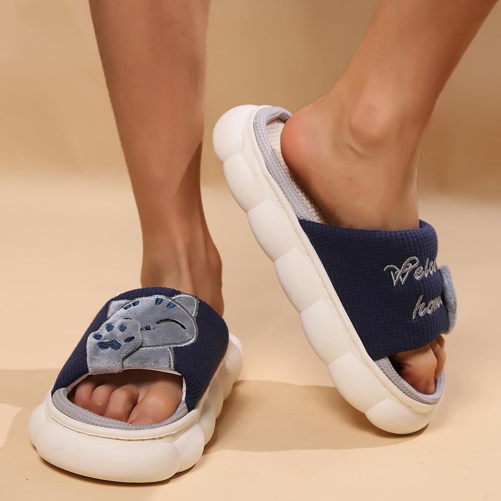 Cute Cartoon Cat Home Slippers for Women In All Four Seasons, Thick Soled Spring and Autumn Cotton Slippers for Indoor Use