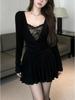 Plus Size French Lace Black Dress - Women's Autumn/Winter Short, Waist-Cinching Skirt