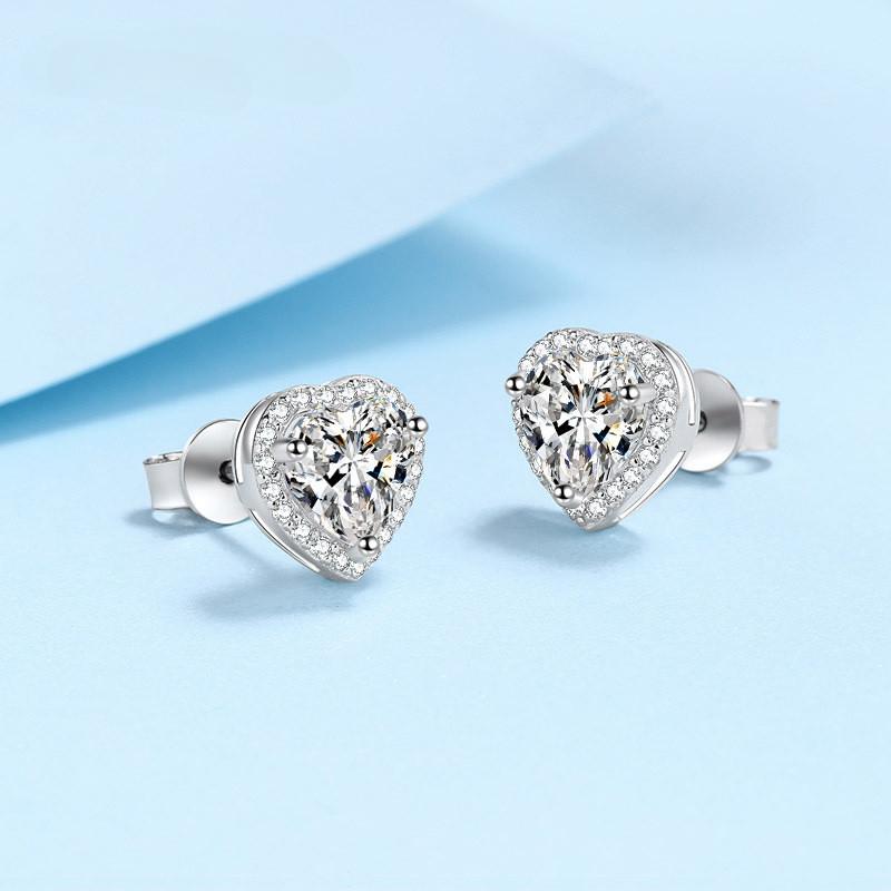 Ohrstecker mit Moissanit im Herzschliff, 1–2 Karat, 925er Sterlingsilber, für Frauen, zarter Schmuck für Hochzeit und Verlobung
