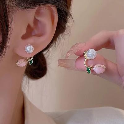 Mode Rosa Tulpe Simulation Perle Ohrringe Elegante Frauen Blume Stud Ohrringe Mädchen Sommer Party Schmuck Geschenk