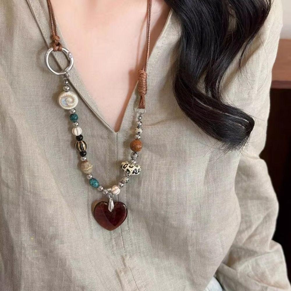Heart-shaped Wood Pendant Necklace Ceramic Women Jewelry New Long Sweater Chain Necklace  for Women